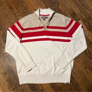 Eddie Bauer 1/4 Zip Mock Neck Striped Tan Red Sweater Men’s Size TL